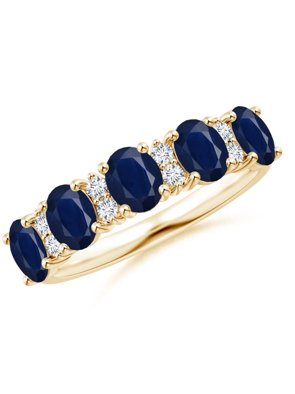 Natural Blue Sapphire Wedding Ring for Women - Five Stone Blue Sapphire and Diamond Ring in 14K Yellow Gold | Main Stone Size - 5x4mm | Ring Size - 5