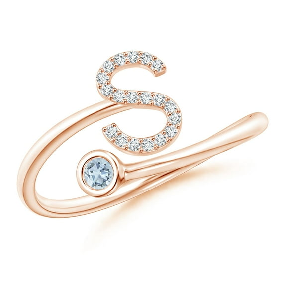 ANGARA Natural Capital "S" Diamond Initial Ring with Bezel-Set Aquamarine in 14K Rose Gold for Women (Size-2.5mm) | March Birthstone, Anniversary, Jewelry Gift for Women | Natural Aquamarine Ring