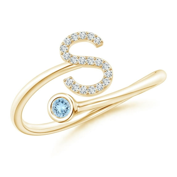 ANGARA Natural Capital "S" Diamond Initial Ring with Bezel-Set Aquamarine in 14K Yellow Gold for Women (Size-2.5mm) | March Birthstone, Anniversary, Jewelry Gift for Women | Natural Aquamarine Ring