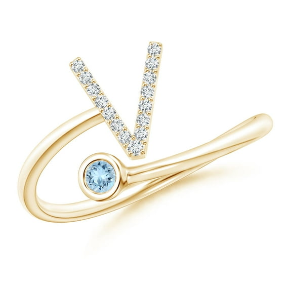 ANGARA Natural Capital "V" Diamond Initial Ring with Bezel-Set Aquamarine in 14K Yellow Gold for Women (Size-2.5mm) | March Birthstone, Anniversary, Jewelry Gift for Women | Natural Aquamarine Ring
