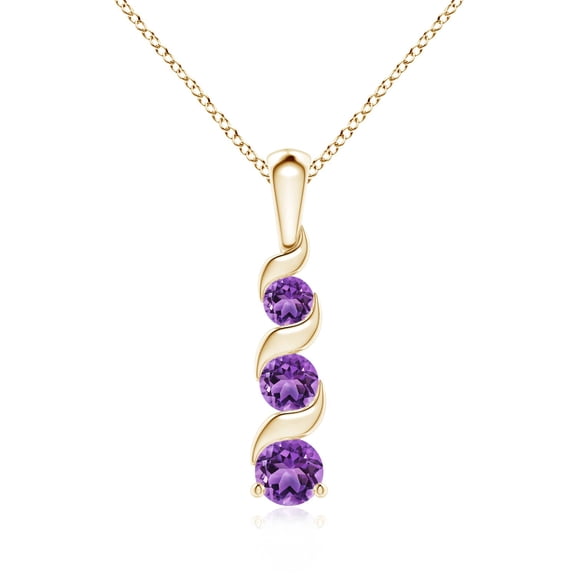 ANGARA Natural Channel-Set Round Amethyst Three Stone Journey Pendant in 14K Yellow Gold for Women (Size-4mm) | February Birthstone, Anniversary, Jewelry Gift for Women | Natural Amethyst Necklace