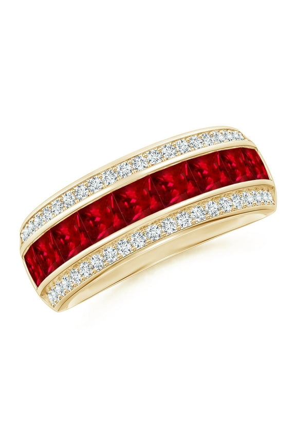 Natural Channel-Set Square 1.8 ct Ruby and Diamond Half Eternity Band in 14K Yellow Gold for Women (Size-3mm) | July Birthstone, Anniversary, Jewelry Gift for Women | Natural Ruby Ring