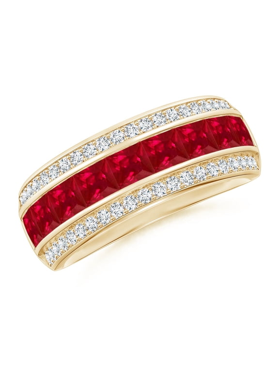 Natural Channel-Set Square 1.8 ct Ruby and Diamond Half Eternity Band in 14K Yellow Gold for Women (Size-3mm) | July Birthstone, Anniversary, Jewelry Gift for Women | Natural Ruby Ring