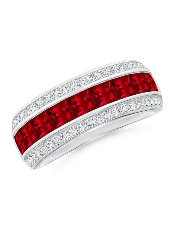 Natural Channel-Set Square 1.8 ct Ruby and Diamond Half Eternity Band in Platinum for Women (Size-3mm) | July Birthstone, Birthday, Anniversary, Jewelry Gift for Women | Natural Ruby Ring