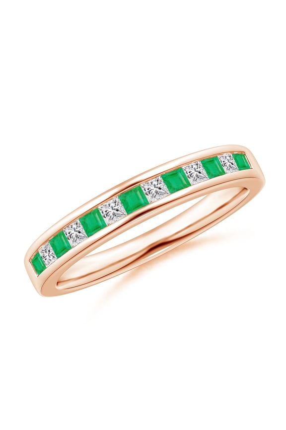 Natural Channel Square Emerald and Diamond Half Eternity Ring in 14K Rose Gold for Women (Size-1.8mm) | May Birthstone, Birthday, Anniversary, Jewelry Gift for Women | Natural Emerald Ring