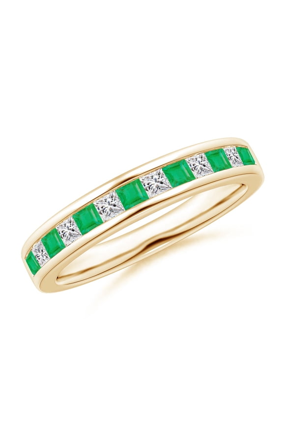 Natural Channel Square Emerald and Diamond Half Eternity Ring in 14K Yellow Gold for Women (Size-2mm) | May Birthstone, Birthday, Anniversary, Jewelry Gift for Women | Natural Emerald Ring