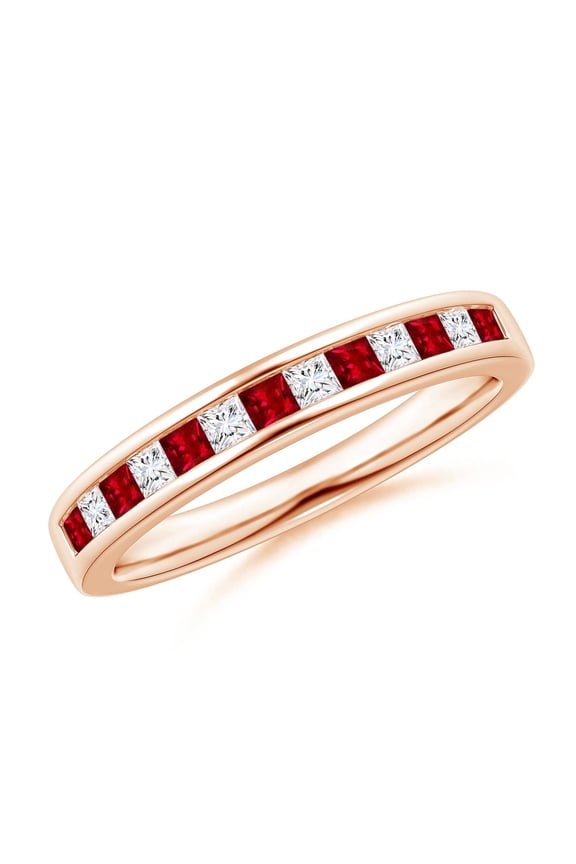 Natural Channel Square Ruby and Diamond Half Eternity Ring in 14K Rose Gold for Women (Size-1.8mm) | July Birthstone, Birthday, Anniversary, Jewelry Gift for Women | Natural Ruby Ring