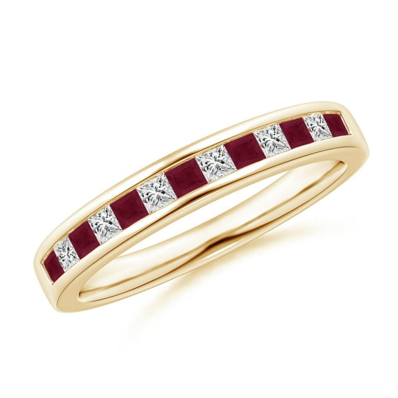 ANGARA Natural Channel Square Ruby and Diamond Half Eternity Ring in 14K Yellow Gold for Women (Size-1.8mm) | July Birthstone, Birthday, Anniversary, Jewelry Gift for Women | Natural Ruby Ring