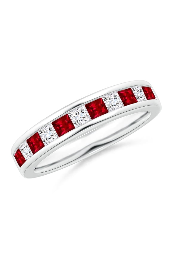 Natural Channel Square Ruby and Diamond Half Eternity Ring in Platinum for Women (Size-2.4mm) | July Birthstone, Birthday, Anniversary, Jewelry Gift for Women | Natural Ruby Ring