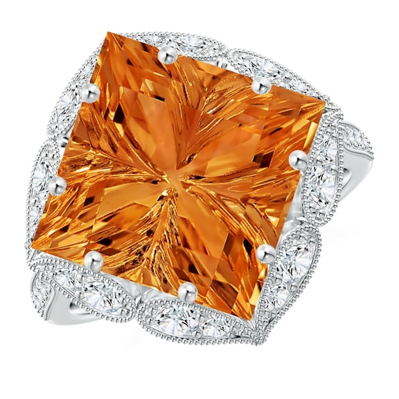 ANGARA Natural Vintage Inspired Square 7 ct Citrine Ring with Diamonds in 14K White Gold for Women (Size-12mm) | November Birthstone, Anniversary, Jewelry Gift for Women | Natural Citrine Ring