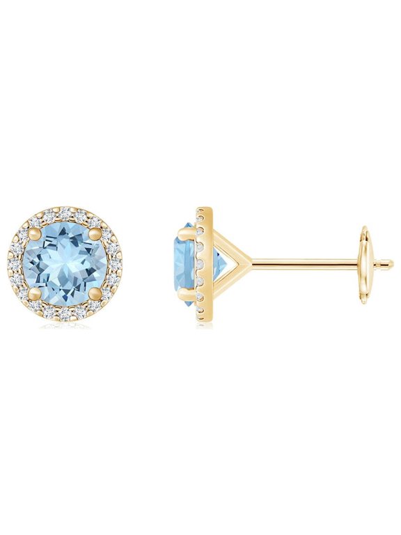 Natural Classic 1.44 ct Aquamarine and Diamond Halo Stud Earrings in 14K Yellow Gold for Women (Size-6mm) | March Birthstone, Anniversary, Jewelry Gift for Women | Natural Aquamarine Earrings