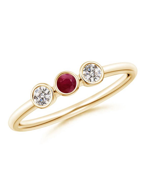 Natural Classic Bezel-Set Ruby and Diamond Three Stone Ring in 14K Yellow Gold for Women (Size-3mm) | July Birthstone, Birthday, Anniversary, Jewelry Gift for Women | Natural Ruby Ring