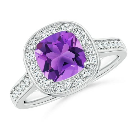 ANGARA Natural Classic Cushion 1.35 ct Amethyst Ring with Diamond Halo in 14K White Gold for Women (Size-7mm) | February Birthstone, Anniversary, Jewelry Gift for Women | Natural Amethyst Ring