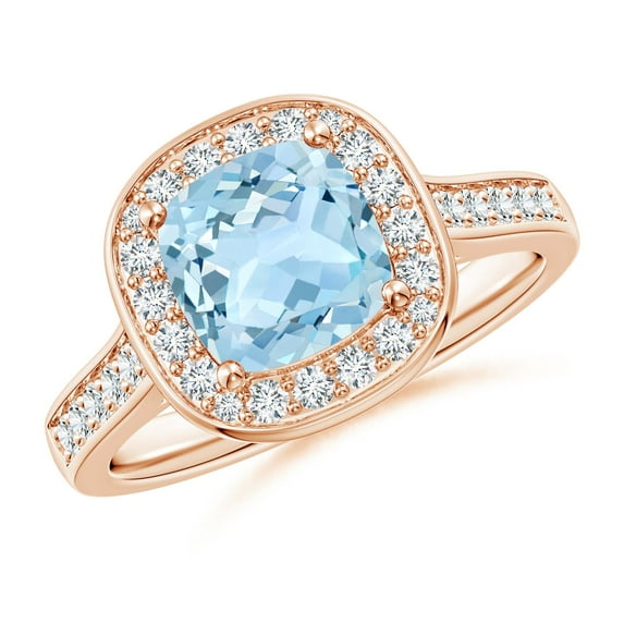 ANGARA Natural Classic Cushion 1.4 ct Aquamarine Ring with Diamond Halo in 14K Rose Gold for Women (Size-7mm) | March Birthstone, Anniversary, Jewelry Gift for Women | Natural Aquamarine Ring