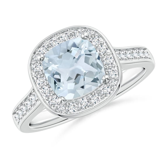 ANGARA Natural Classic Cushion 1.4 ct Aquamarine Ring with Diamond Halo in 14K White Gold for Women (Size-7mm) | March Birthstone, Anniversary, Jewelry Gift for Women | Natural Aquamarine Ring