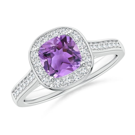 ANGARA Natural Classic Cushion Amethyst Ring with Diamond Halo in 14K White Gold for Women (Size-6mm) | February Birthstone, Birthday, Anniversary, Jewelry Gift for Women | Natural Amethyst Ring