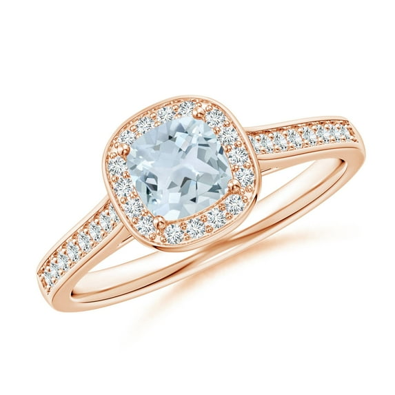 ANGARA Natural Classic Cushion Aquamarine Ring with Diamond Halo in 14K Rose Gold for Women (Size-5mm) | March Birthstone, Birthday, Anniversary, Jewelry Gift for Women | Natural Aquamarine Ring
