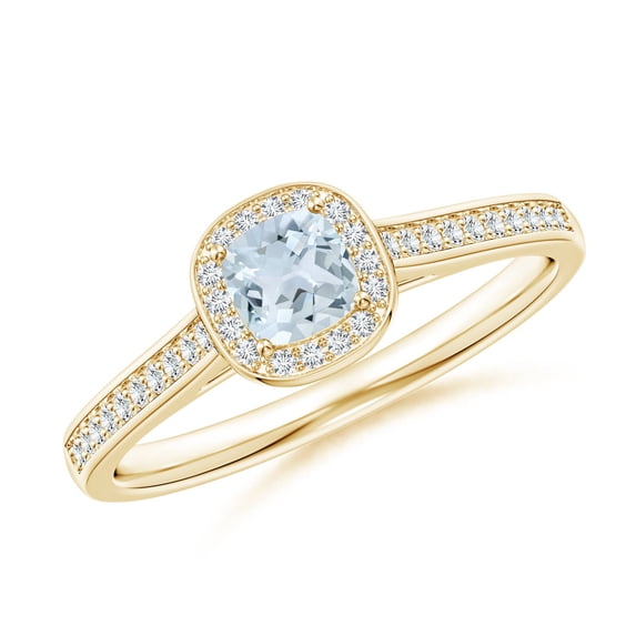 ANGARA Natural Classic Cushion Aquamarine Ring with Diamond Halo in 14K Yellow Gold for Women (Size-4mm) | March Birthstone, Birthday, Anniversary, Jewelry Gift for Women | Natural Aquamarine Ring