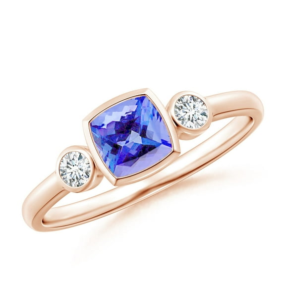 ANGARA Natural Classic Cushion Tanzanite and Diamond Three Stone Ring in 14K Rose Gold for Women (Size-5mm) | December Birthstone, Anniversary, Jewelry Gift for Women | Natural Tanzanite Ring