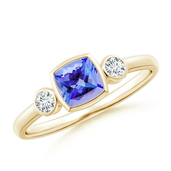 ANGARA Natural Classic Cushion Tanzanite and Diamond Three Stone Ring in 14K Yellow Gold for Women (Size-5mm) | December Birthstone, Anniversary, Jewelry Gift for Women | Natural Tanzanite Ring