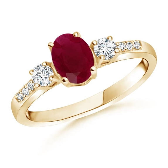 ANGARA Natural Classic Oval 1 ct Ruby and Round Diamond Three Stone Ring in 14K Yellow Gold for Women (Size-7x5mm) | July Birthstone Jewelry for Her | Natural Ruby Rings