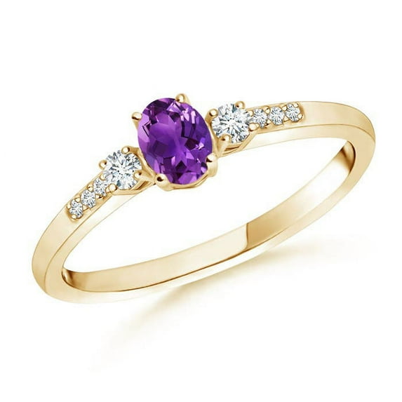 ANGARA Natural Classic Oval Amethyst and Diamond Three Stone Ring in 14K Yellow Gold for Women (Size-5x3mm) | February Birthstone, Anniversary, Jewelry Gift for Women | Natural Amethyst Ring