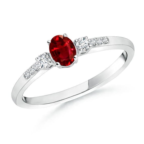 ANGARA Natural Classic Oval Ruby and Round Diamond Three Stone Ring in 14K White Gold for Women (Size-5x3mm) | July Birthstone Jewelry for Her | Natural Ruby Rings