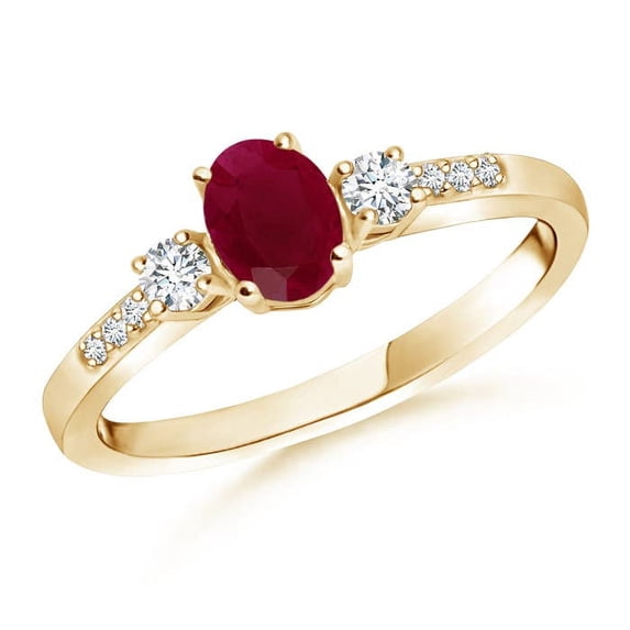 ANGARA Natural Classic Oval Ruby and Round Diamond Three Stone Ring in 14K Yellow Gold for Women (Size-6x4mm) | July Birthstone Jewelry for Her | Natural Ruby Rings