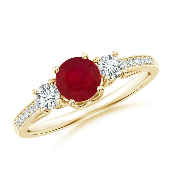 ANGARA Natural Classic Prong Set Ruby and Diamond Three Stone Ring in 14K Yellow Gold for Women (Size-5mm) | July Birthstone, Birthday, Anniversary, Jewelry Gift for Women | Natural Ruby Ring
