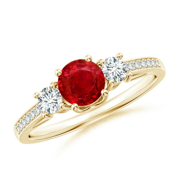 ANGARA Natural Classic Prong Set Ruby and Diamond Three Stone Ring in 14K Yellow Gold for Women (Size-5mm) | July Birthstone Jewelry for Her | Natural Ruby Rings