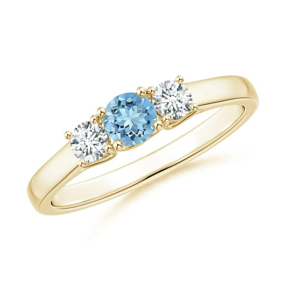 ANGARA Natural Classic Round Aquamarine and Diamond Three Stone Ring in 14K Yellow Gold for Women (Size-4mm) | March Birthstone, Anniversary, Jewelry Gift for Women | Natural Aquamarine Ring
