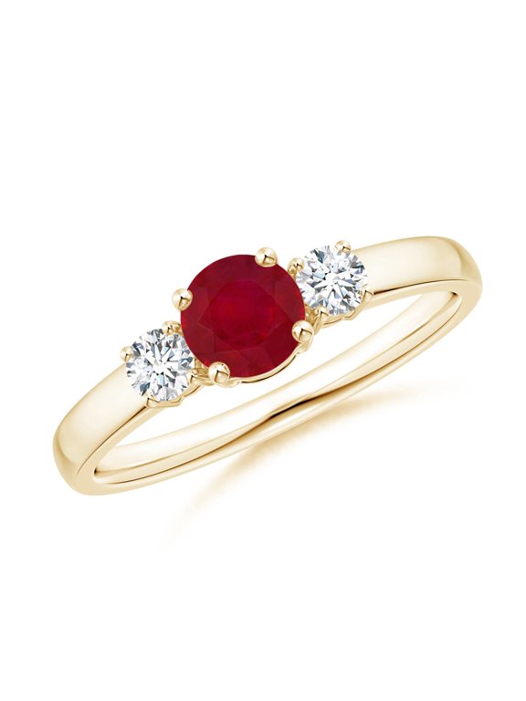 Natural Classic Ruby and Diamond Three Stone Engagement Ring in 14K Yellow Gold for Women (Size-5mm) | July Birthstone, Birthday, Anniversary, Jewelry Gift for Women | Natural Ruby Ring
