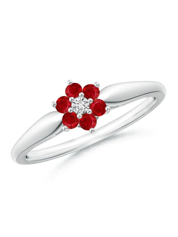 Natural Classic Six Petal Ruby and Diamond Flower Ring in 14K White Gold for Women (Size-2mm) | July Birthstone Jewelry for Her | Natural Ruby Rings