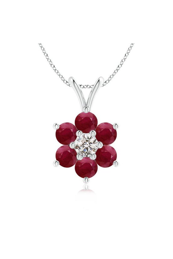 Natural Classic Six Petal Ruby Flower Pendant with Diamond in 14K White Gold for Women (Size-2.5mm) | July Birthstone, Birthday, Anniversary, Jewelry Gift for Women | Natural Ruby Necklace