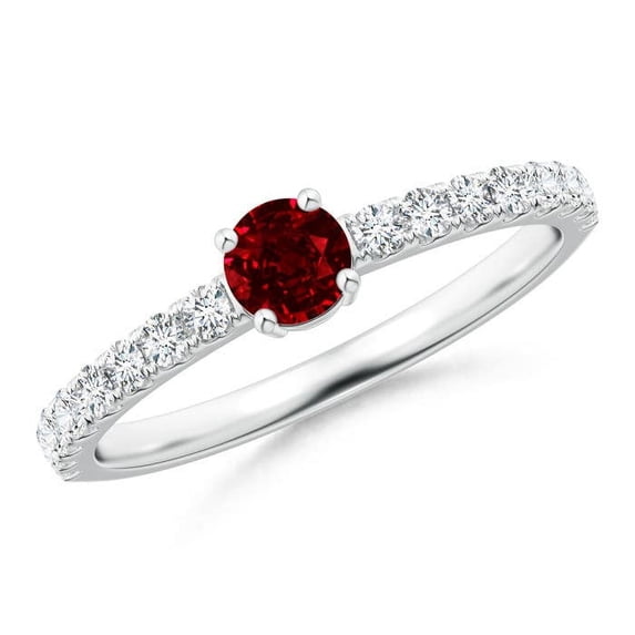 ANGARA Natural Classic Solitaire Ruby Promise Ring with Pave Diamonds in 14K White Gold for Women (Size-4mm) | July Birthstone Jewelry for Her | Natural Ruby Rings