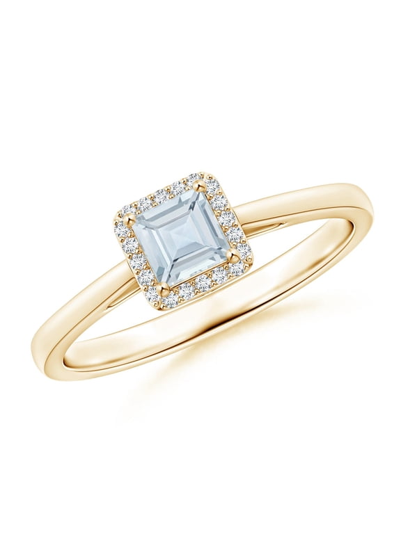Natural Classic Square Aquamarine Halo Ring in 14K Yellow Gold for Women (Size-4mm) | March Birthstone, Birthday, Anniversary, Jewelry Gift for Women | Natural Aquamarine Ring