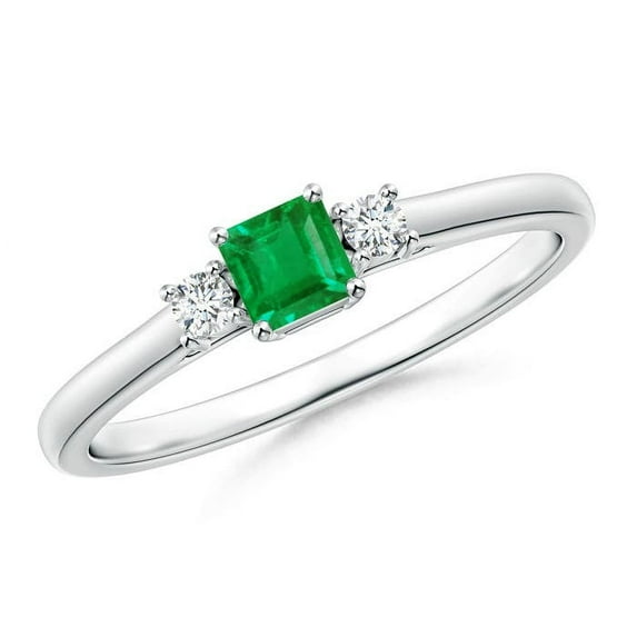 ANGARA Natural Classic Square Emerald and Diamond Three Stone Ring in 14K White Gold for Women (Size-3.5mm) | May Birthstone, Birthday, Anniversary, Jewelry Gift for Women | Natural Emerald Ring