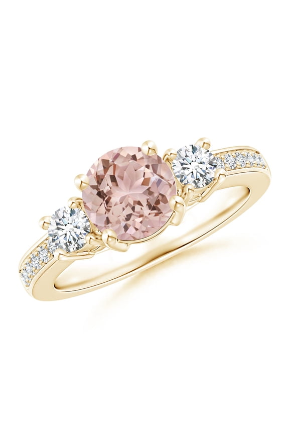 Natural Classic Three Stone 1.1 ct Morganite and Diamond Ring in 14K Yellow Gold for Women | Birthday, Anniversary, Jewelry Gift for Women | Natural Morganite Ring