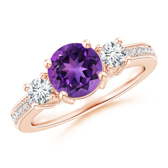 ANGARA Natural Classic Three Stone 1.15 ct Amethyst and Diamond Ring in 14K Rose Gold for Women (Size-7mm) | February Birthstone, Birthday, Anniversary, Jewelry Gift for Women | Natural Amethyst Ring