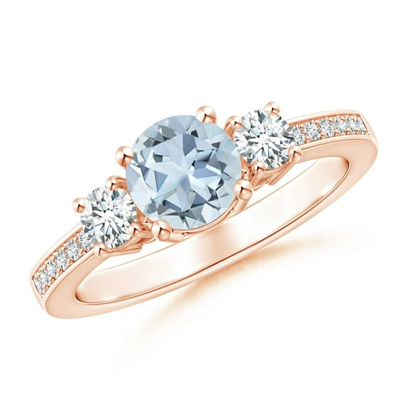 ANGARA Natural Classic Three Stone Aquamarine and Diamond Ring in 14K Rose Gold for Women (Size-6mm) | March Birthstone, Birthday, Anniversary, Jewelry Gift for Women | Natural Aquamarine Ring