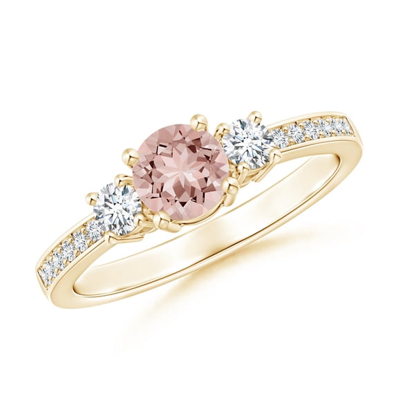 ANGARA Natural Classic Three Stone Morganite and Diamond Ring in 14K Yellow Gold for Women | Birthday, Anniversary, Jewelry Gift for Women | Natural Morganite Ring