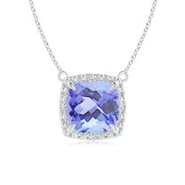 ANGARA Natural Claw-Set Cushion 1.5 ct Tanzanite Beaded Halo Necklace in 14K White Gold for Women (Size-7mm) | December Birthstone, Anniversary, Jewelry Gift for Women | Natural Tanzanite Necklace