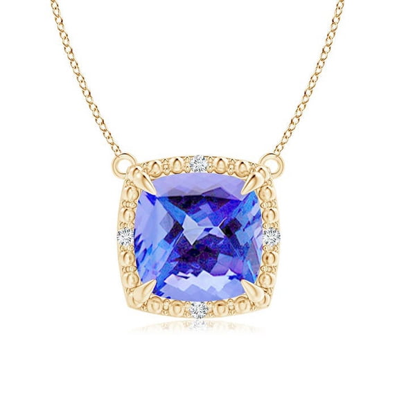 ANGARA Natural Claw-Set Cushion 2.15 ct Tanzanite Beaded Halo Necklace in 14K Yellow Gold for Women (Size-8mm) | December Birthstone, Anniversary, Jewelry Gift for Women | Natural Tanzanite Necklace