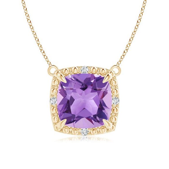 ANGARA Natural Claw-Set Cushion 2.2 ct Amethyst Beaded Halo Necklace in 14K Yellow Gold for Women (Size-8mm) | February Birthstone, Anniversary, Jewelry Gift for Women | Natural Amethyst Necklace