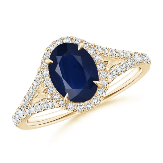 ANGARA Natural Claw-Set Oval 1.55 ct Blue Sapphire Split Shank Halo Ring in 14K Yellow Gold for Women (Size-8x6mm) | September Birthstone, Anniversary, Jewelry Gift for Women | Natural Sapphire Ring