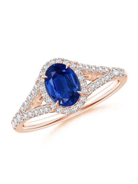 Natural Claw-Set Oval Blue Sapphire Split Shank Halo Ring in 14K Rose Gold for Women (Size-7x5mm) | September Birthstone, Anniversary, Jewelry Gift for Women | Natural Blue Sapphire Ring