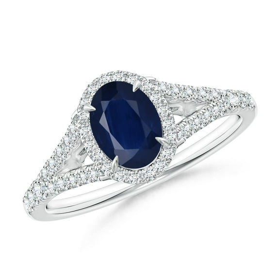 ANGARA Natural Claw-Set Oval Blue Sapphire Split Shank Halo Ring in 14K White Gold for Women (Size-7x5mm) | September Birthstone, Anniversary, Jewelry Gift for Women | Natural Blue Sapphire Ring