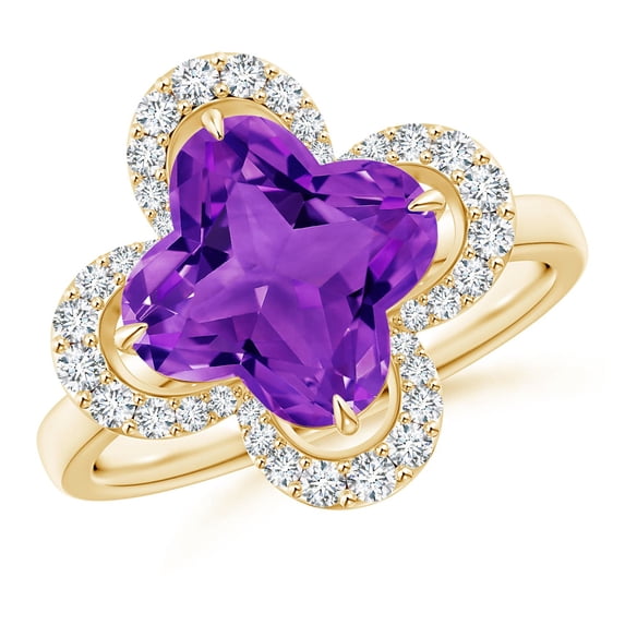 ANGARA Natural Clover-Shaped 3.3 ct Amethyst Halo Engagement Ring in 14K Yellow Gold for Women (Size-9mm) | February Birthstone, Birthday, Anniversary, Jewelry Gift for Women | Natural Amethyst Ring