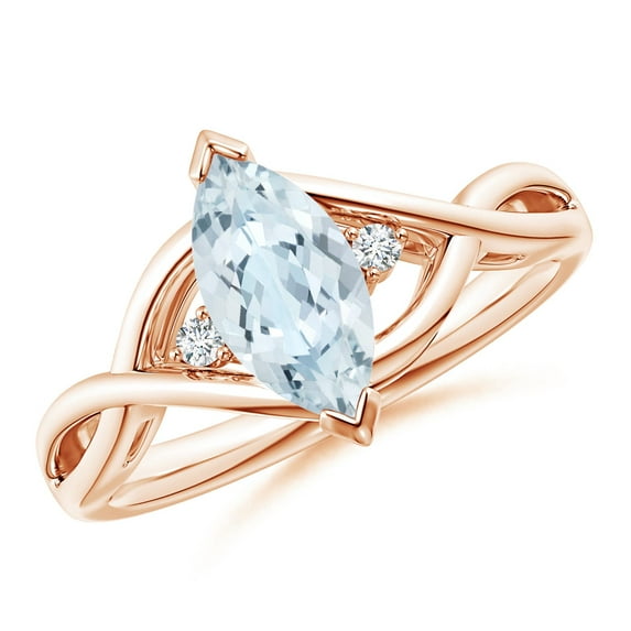 ANGARA Natural Criss-Cross Marquise Aquamarine Solitaire Ring with Diamonds in 14K Rose Gold for Women (Size-10x5mm) | March Birthstone, Anniversary, Jewelry Gift for Women | Natural Aquamarine Ring