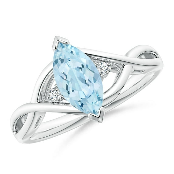 ANGARA Natural Criss-Cross Marquise Aquamarine Solitaire Ring with Diamonds in 14K White Gold for Women (Size-10x5mm) | March Birthstone, Anniversary, Jewelry Gift for Women | Natural Aquamarine Ring